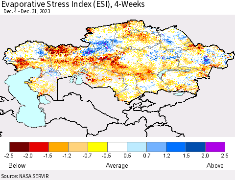Kazakhstan Evaporative Stress Index (ESI), 4-Weeks Thematic Map For 1/1/2024 - 1/7/2024