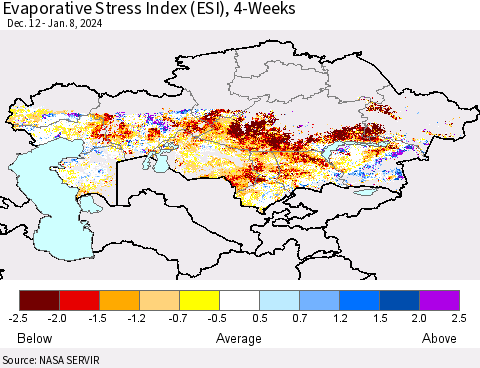 Kazakhstan Evaporative Stress Index (ESI), 4-Weeks Thematic Map For 1/8/2024 - 1/14/2024