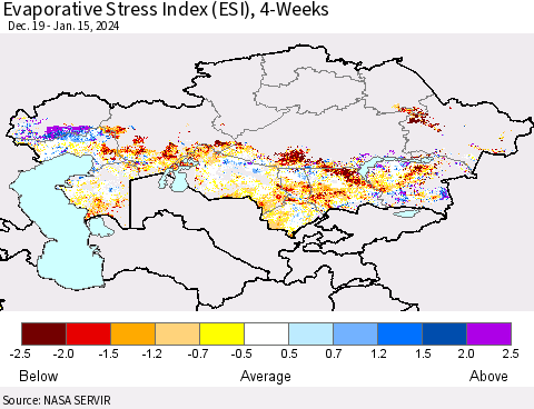 Kazakhstan Evaporative Stress Index (ESI), 4-Weeks Thematic Map For 1/15/2024 - 1/21/2024