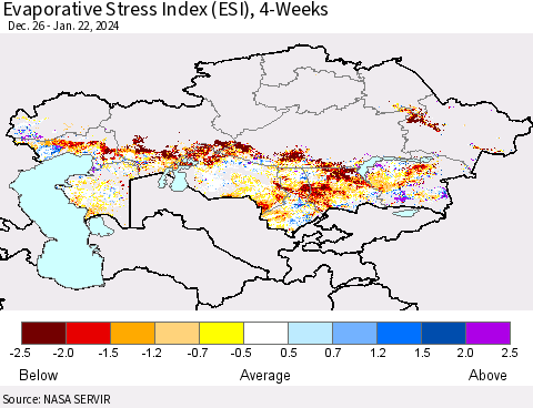 Kazakhstan Evaporative Stress Index (ESI), 4-Weeks Thematic Map For 1/22/2024 - 1/28/2024