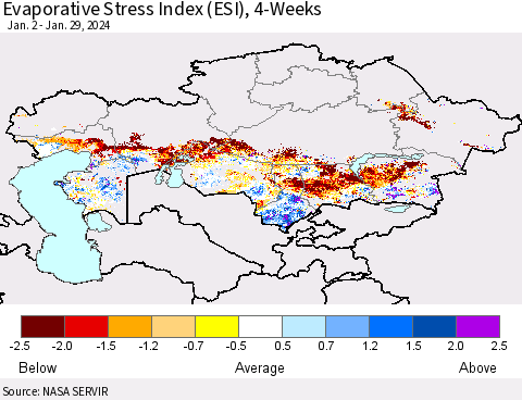 Kazakhstan Evaporative Stress Index (ESI), 4-Weeks Thematic Map For 1/29/2024 - 2/4/2024
