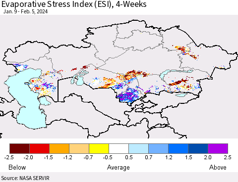 Kazakhstan Evaporative Stress Index (ESI), 4-Weeks Thematic Map For 2/5/2024 - 2/11/2024
