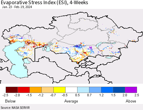 Kazakhstan Evaporative Stress Index (ESI), 4-Weeks Thematic Map For 2/19/2024 - 2/25/2024