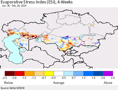 Kazakhstan Evaporative Stress Index (ESI), 4-Weeks Thematic Map For 2/26/2024 - 3/3/2024