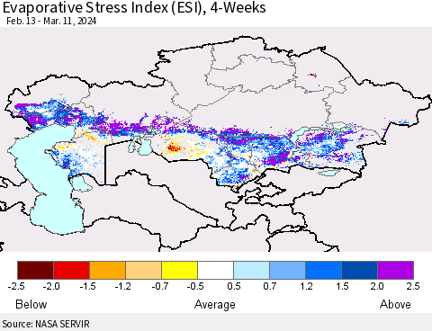 Kazakhstan Evaporative Stress Index (ESI), 4-Weeks Thematic Map For 3/11/2024 - 3/17/2024