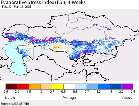 Kazakhstan Evaporative Stress Index (ESI), 4-Weeks Thematic Map For 3/18/2024 - 3/24/2024