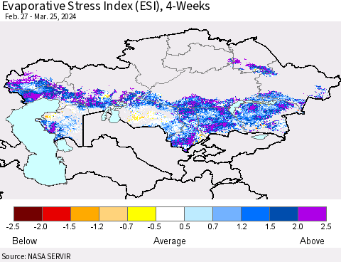 Kazakhstan Evaporative Stress Index (ESI), 4-Weeks Thematic Map For 3/25/2024 - 3/31/2024