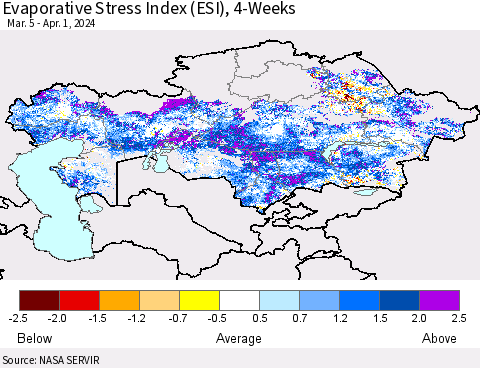 Kazakhstan Evaporative Stress Index (ESI), 4-Weeks Thematic Map For 4/1/2024 - 4/7/2024