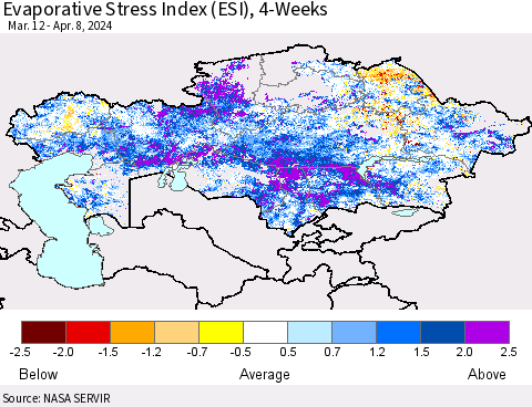 Kazakhstan Evaporative Stress Index (ESI), 4-Weeks Thematic Map For 4/8/2024 - 4/14/2024