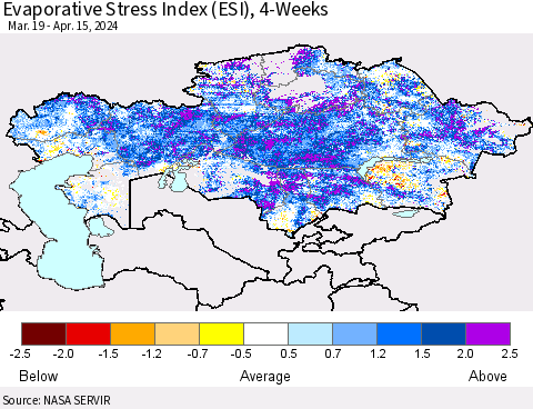 Kazakhstan Evaporative Stress Index (ESI), 4-Weeks Thematic Map For 4/15/2024 - 4/21/2024