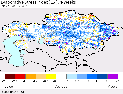 Kazakhstan Evaporative Stress Index (ESI), 4-Weeks Thematic Map For 4/22/2024 - 4/28/2024