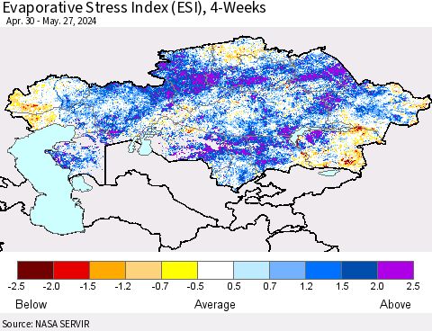 Kazakhstan Evaporative Stress Index (ESI), 4-Weeks Thematic Map For 5/27/2024 - 6/2/2024