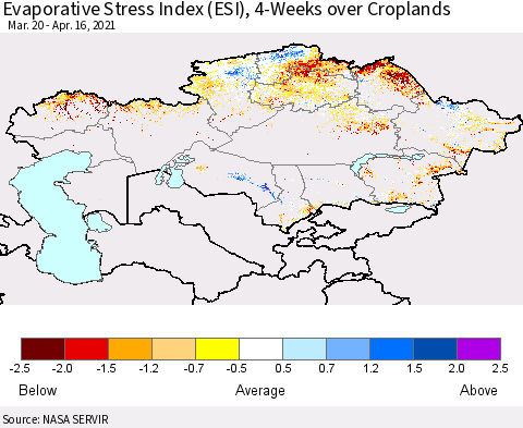 Kazakhstan Evaporative Stress Index (ESI), 4-Weeks over Croplands Thematic Map For 4/12/2021 - 4/18/2021
