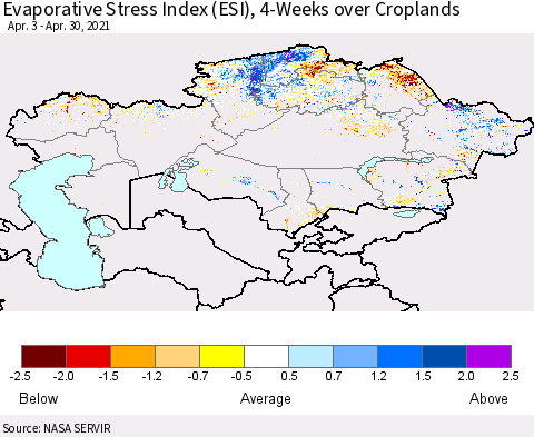 Kazakhstan Evaporative Stress Index (ESI), 4-Weeks over Croplands Thematic Map For 4/26/2021 - 5/2/2021