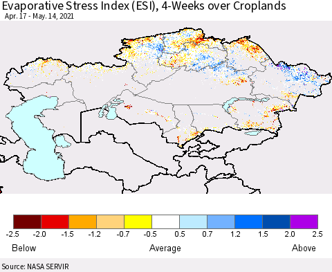 Kazakhstan Evaporative Stress Index (ESI), 4-Weeks over Croplands Thematic Map For 5/10/2021 - 5/16/2021