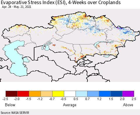 Kazakhstan Evaporative Stress Index (ESI), 4-Weeks over Croplands Thematic Map For 5/17/2021 - 5/23/2021