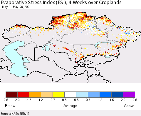 Kazakhstan Evaporative Stress Index (ESI), 4-Weeks over Croplands Thematic Map For 5/24/2021 - 5/30/2021
