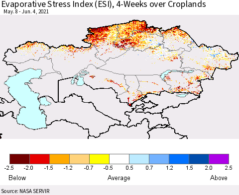 Kazakhstan Evaporative Stress Index (ESI), 4-Weeks over Croplands Thematic Map For 5/31/2021 - 6/6/2021