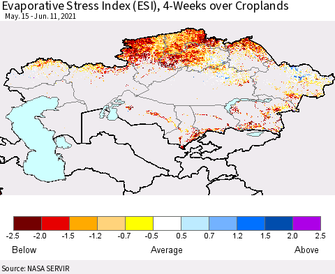 Kazakhstan Evaporative Stress Index (ESI), 4-Weeks over Croplands Thematic Map For 6/7/2021 - 6/13/2021