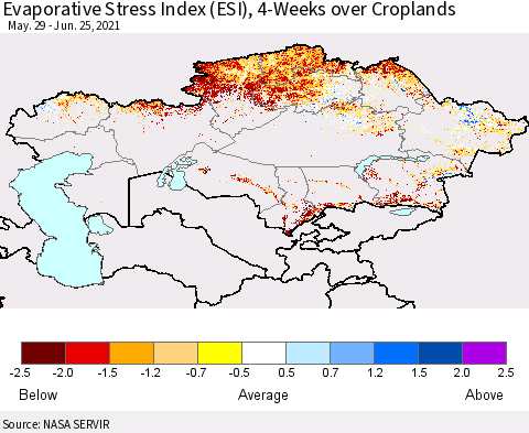 Kazakhstan Evaporative Stress Index (ESI), 4-Weeks over Croplands Thematic Map For 6/21/2021 - 6/27/2021