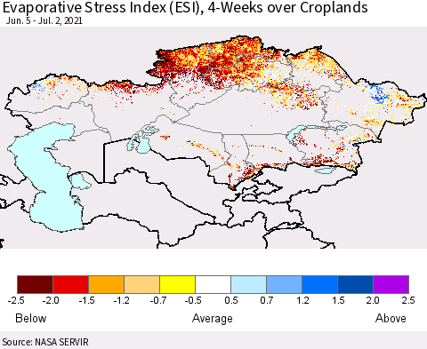 Kazakhstan Evaporative Stress Index (ESI), 4-Weeks over Croplands Thematic Map For 6/28/2021 - 7/4/2021