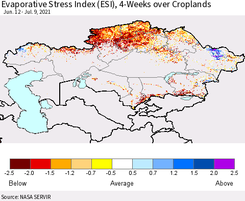 Kazakhstan Evaporative Stress Index (ESI), 4-Weeks over Croplands Thematic Map For 7/5/2021 - 7/11/2021