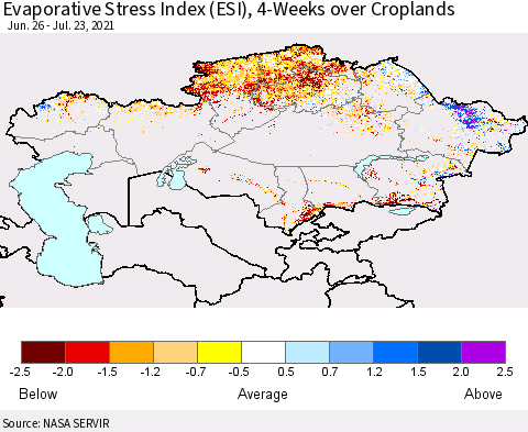 Kazakhstan Evaporative Stress Index (ESI), 4-Weeks over Croplands Thematic Map For 7/19/2021 - 7/25/2021