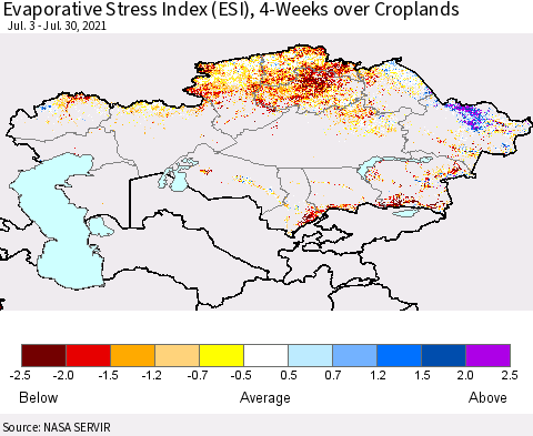 Kazakhstan Evaporative Stress Index (ESI), 4-Weeks over Croplands Thematic Map For 7/26/2021 - 8/1/2021