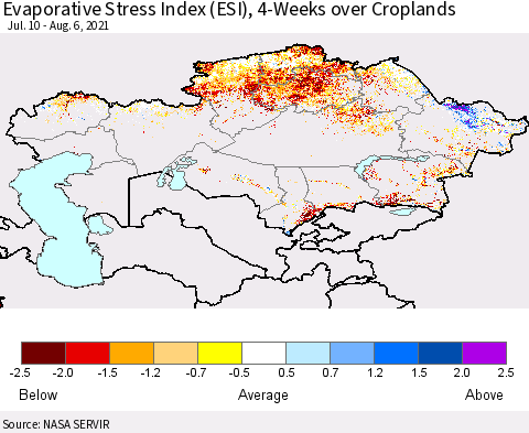 Kazakhstan Evaporative Stress Index (ESI), 4-Weeks over Croplands Thematic Map For 8/2/2021 - 8/8/2021