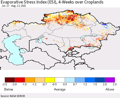 Kazakhstan Evaporative Stress Index (ESI), 4-Weeks over Croplands Thematic Map For 8/9/2021 - 8/15/2021