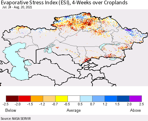 Kazakhstan Evaporative Stress Index (ESI), 4-Weeks over Croplands Thematic Map For 8/16/2021 - 8/22/2021