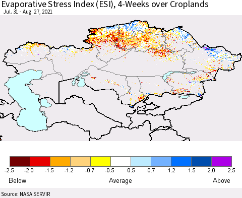 Kazakhstan Evaporative Stress Index (ESI), 4-Weeks over Croplands Thematic Map For 8/23/2021 - 8/29/2021