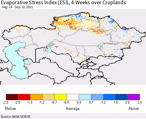 Kazakhstan Evaporative Stress Index (ESI), 4-Weeks over Croplands Thematic Map For 9/6/2021 - 9/12/2021