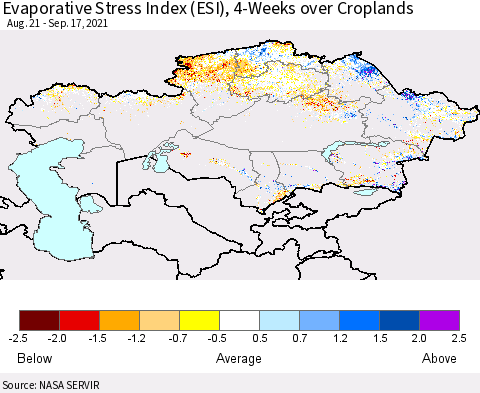 Kazakhstan Evaporative Stress Index (ESI), 4-Weeks over Croplands Thematic Map For 9/13/2021 - 9/19/2021