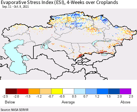 Kazakhstan Evaporative Stress Index (ESI), 4-Weeks over Croplands Thematic Map For 10/4/2021 - 10/10/2021