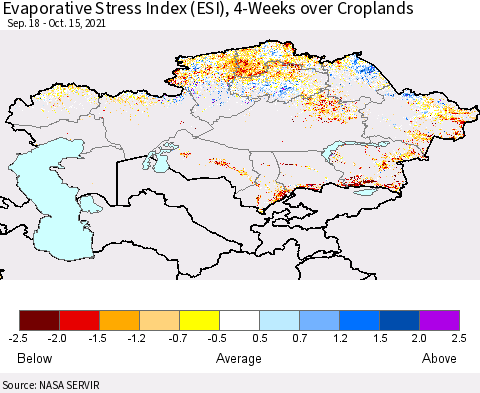 Kazakhstan Evaporative Stress Index (ESI), 4-Weeks over Croplands Thematic Map For 10/11/2021 - 10/17/2021