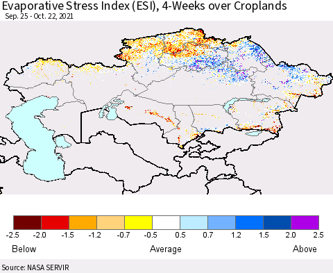 Kazakhstan Evaporative Stress Index (ESI), 4-Weeks over Croplands Thematic Map For 10/18/2021 - 10/24/2021