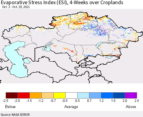 Kazakhstan Evaporative Stress Index (ESI), 4-Weeks over Croplands Thematic Map For 10/25/2021 - 10/31/2021
