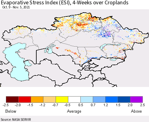 Kazakhstan Evaporative Stress Index (ESI), 4-Weeks over Croplands Thematic Map For 11/1/2021 - 11/7/2021