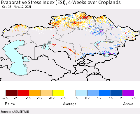 Kazakhstan Evaporative Stress Index (ESI), 4-Weeks over Croplands Thematic Map For 11/8/2021 - 11/14/2021