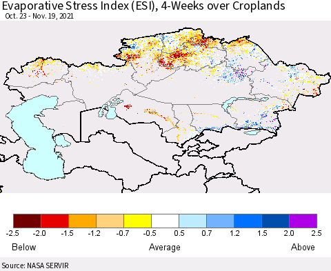 Kazakhstan Evaporative Stress Index (ESI), 4-Weeks over Croplands Thematic Map For 11/15/2021 - 11/21/2021