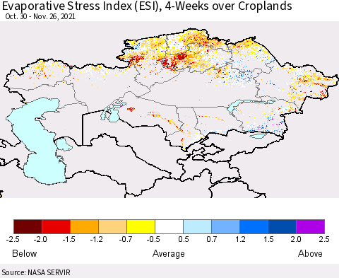 Kazakhstan Evaporative Stress Index (ESI), 4-Weeks over Croplands Thematic Map For 11/22/2021 - 11/28/2021