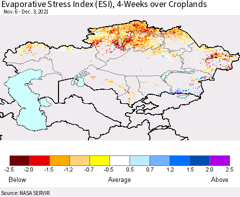 Kazakhstan Evaporative Stress Index (ESI), 4-Weeks over Croplands Thematic Map For 11/29/2021 - 12/5/2021