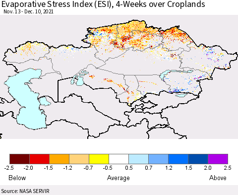 Kazakhstan Evaporative Stress Index (ESI), 4-Weeks over Croplands Thematic Map For 12/6/2021 - 12/12/2021