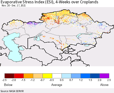 Kazakhstan Evaporative Stress Index (ESI), 4-Weeks over Croplands Thematic Map For 12/13/2021 - 12/19/2021
