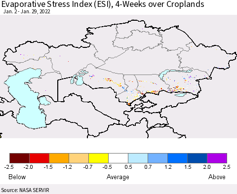 Kazakhstan Evaporative Stress Index (ESI), 4-Weeks over Croplands Thematic Map For 1/24/2022 - 1/30/2022