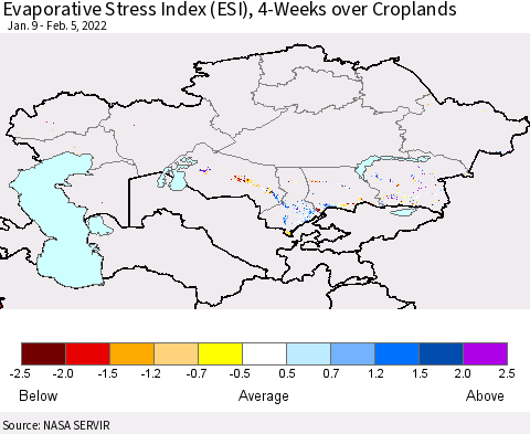 Kazakhstan Evaporative Stress Index (ESI), 4-Weeks over Croplands Thematic Map For 1/31/2022 - 2/6/2022