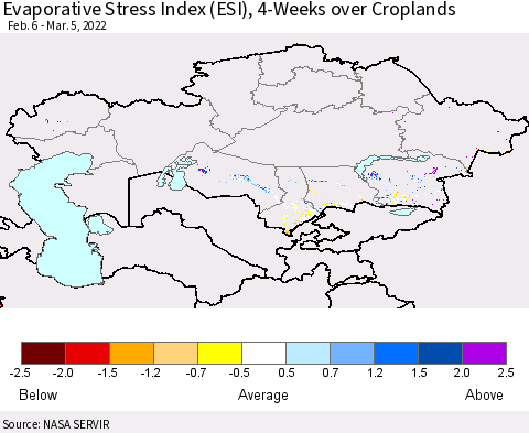 Kazakhstan Evaporative Stress Index (ESI), 4-Weeks over Croplands Thematic Map For 2/28/2022 - 3/6/2022