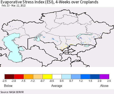 Kazakhstan Evaporative Stress Index (ESI), 4-Weeks over Croplands Thematic Map For 3/7/2022 - 3/13/2022