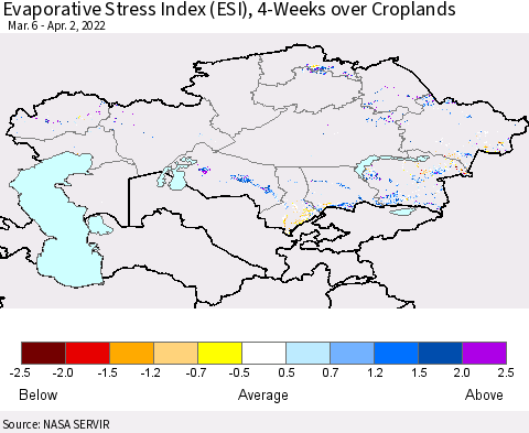 Kazakhstan Evaporative Stress Index (ESI), 4-Weeks over Croplands Thematic Map For 3/28/2022 - 4/3/2022